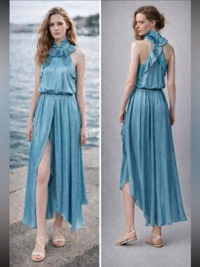 NWT Zadig & Voltaire Rimba Silk Asymmetric Pleated 3D Dress in Blue Size M